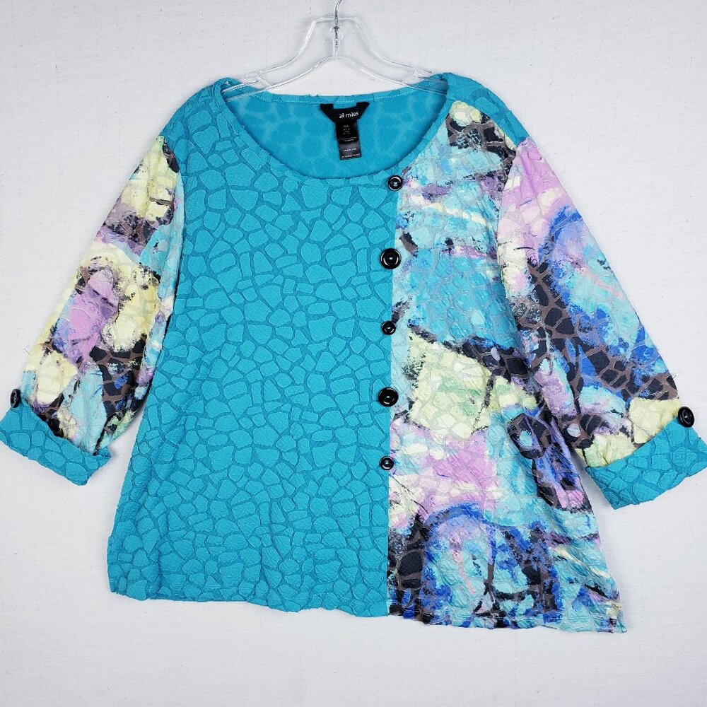 Ali Miles Tunic Top Textured Art-to-Wear Abstract Burnout Artsy Boho Teal sz PXL